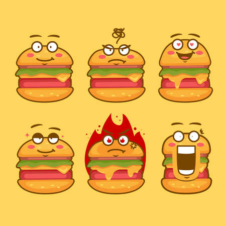 burger character mascot emoticon face expression concept illustration setのイラスト素材