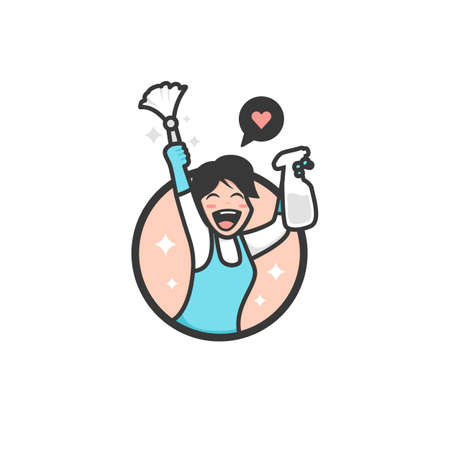 Vector cleaning service maid girl with exiting happy passionate expression character mascot for cleaning company logo brandingのイラスト素材