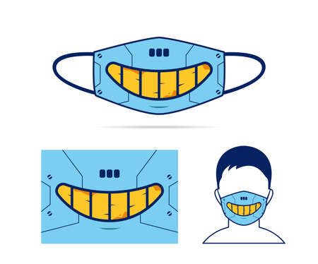 Cloth face mask design with creepy evil smile of robot cyborg cyberpunk mouth illustrationのイラスト素材