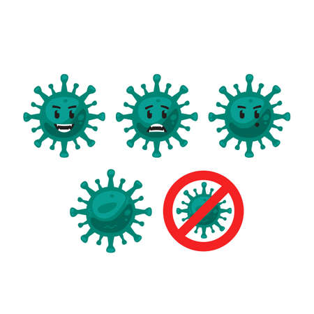 Green virus bacteria microbe vector character mascot set include red no signのイラスト素材