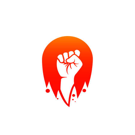 Fighter hand fist revolution vector logo inside flame fire ball badge icon illustrationのイラスト素材