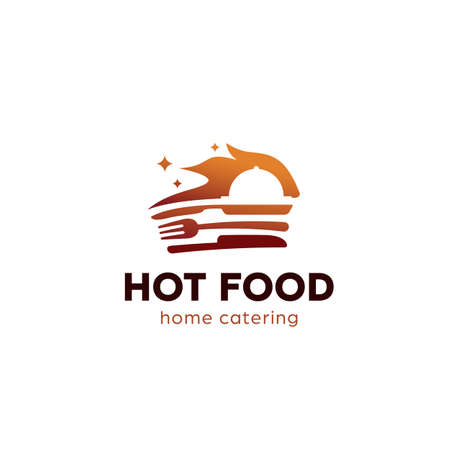 Hot kitchen grill food catering restaurant logo with flame fire, cloche dish cover, fork, knife and frying pan icon symbol illustrationのイラスト素材