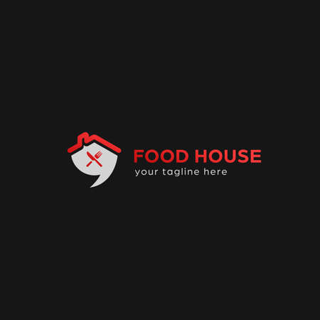 Food house catering restaurant bistro logo with house roof, bubble talk, knife and fork icon symbolのイラスト素材