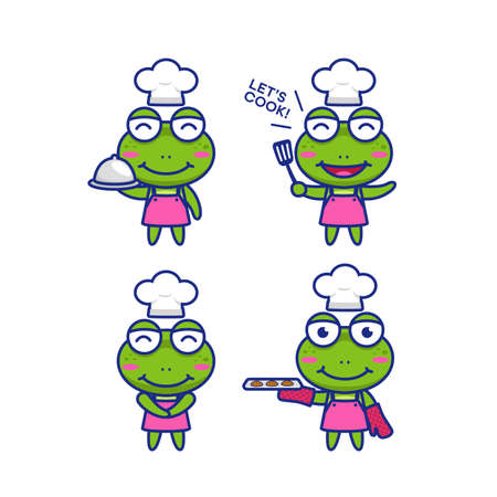 Cute chibi frog chef cartoon character mascot vector illustration setのイラスト素材