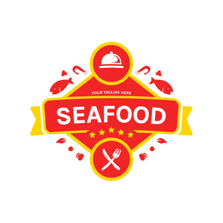 seafood restaurant catering gourmet logo icon badge with knife fork and cloche dish cover illustrationのイラスト素材