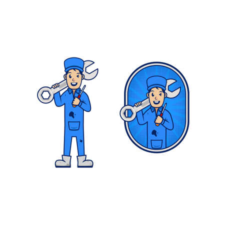 Mechanic repairman mascot icon character cartoon for business carry wrench and screwdriverのイラスト素材