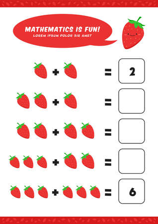 preschool addition mathematics learn worksheet activity template with cute strawberry illustration for child kidsのイラスト素材