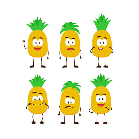 Pineapple fruit character cartoon mascot pose set humanized funny expression styeのイラスト素材