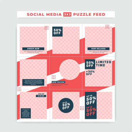 Social media puzzle feed post square size vector template design for promotion sale red white blue bold simple styleのイラスト素材