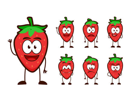 Cute strawberry fruit character cartoon mascot pose set humanized funny expressionのイラスト素材