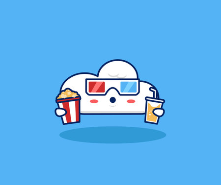 Cute cloud movie lover watching movie with 3d glasses, popcorn, and drink in cinema illustration. Internet cloud movie streaming platform technology for moviegoers conceptのイラスト素材