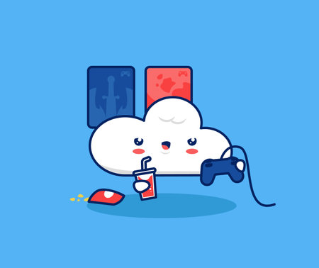 Cute cloud play video games console illustration. Internet cloud gaming game streaming platform technology for gamer conceptのイラスト素材