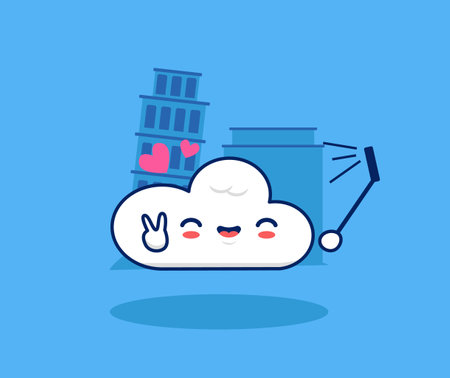 Cute cloud take selfie in holiday landmark cartoon illustration. Happy traveling holiday conceptのイラスト素材