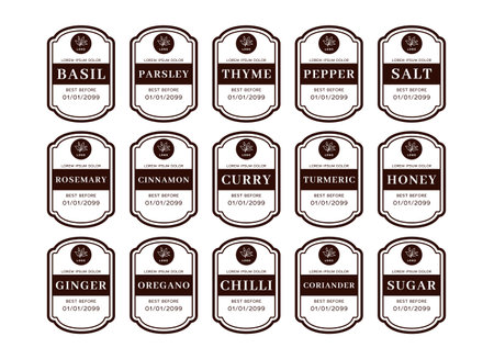Kitchen seasoning pantry label organizer in brown white classic style vector set collectionのイラスト素材