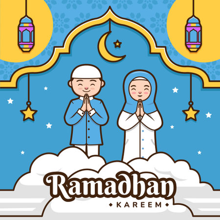 Cartoon Ramadhan kareem greeting banner poster colorful illustration with cute characterのイラスト素材