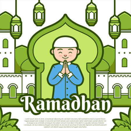 Happy ramadhan kareen festival greeting banner illustration green color cartoon style with cute mosque, lantern and muslim characterのイラスト素材