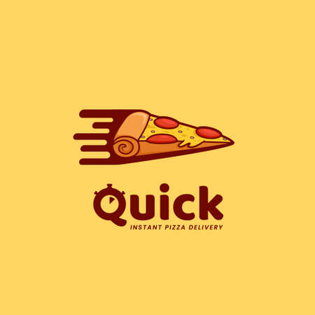 Quick pizza delivery logo, fast food instant pizza restaurant logo with flying bullet speed slice of pizza icon illustration in cartoon styleのイラスト素材