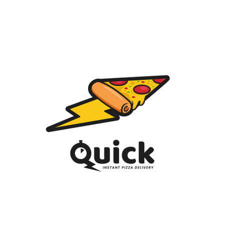 Quick pizza delivery logo, fast food instant pizza restaurant logo with lightning speed slice of pizza icon illustration in cartoon styleのイラスト素材