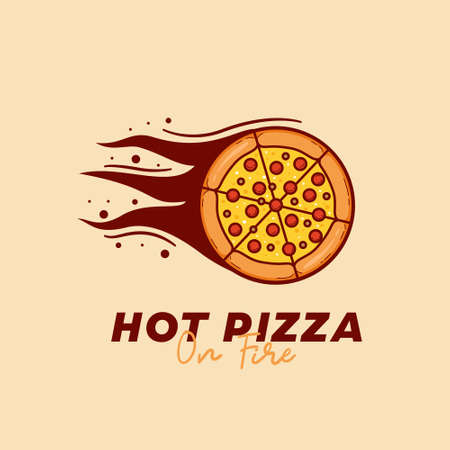 Hot pizza on fire pizzeria restaurant logo with full round pizza in flame icon logo illustrationのイラスト素材