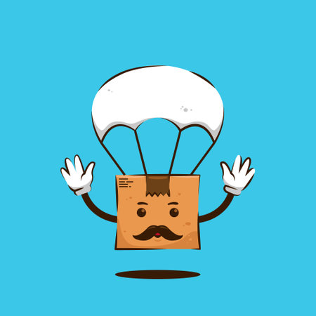 Parcel package box papa with moustache and parachute character cartoon mascot setのイラスト素材