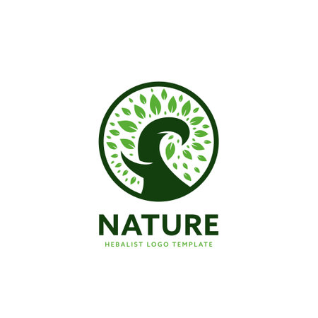 Herbal natural plant based icon badge template with leaf and swirl tree branch sproutのイラスト素材