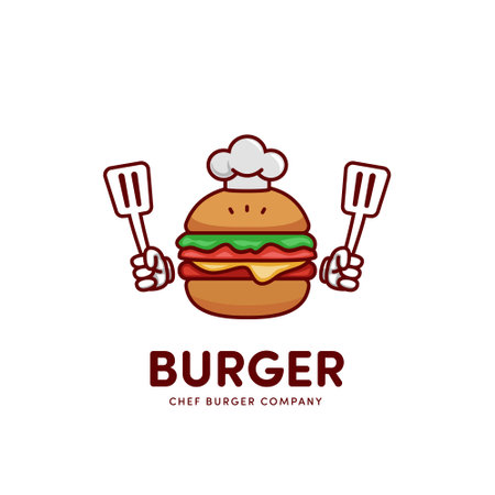 chef burger hamburger cartoon mascot logo icon holding spatulaのイラスト素材