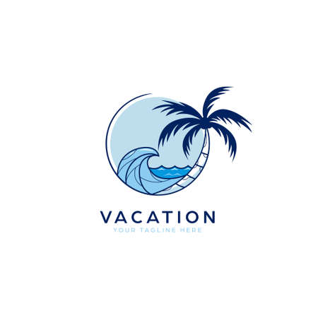 Vacation beach sea with palm tree and blue waves logo icon illustrationのイラスト素材