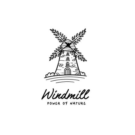 Windmill power of nature logo icon building landmark with leaves propellerのイラスト素材
