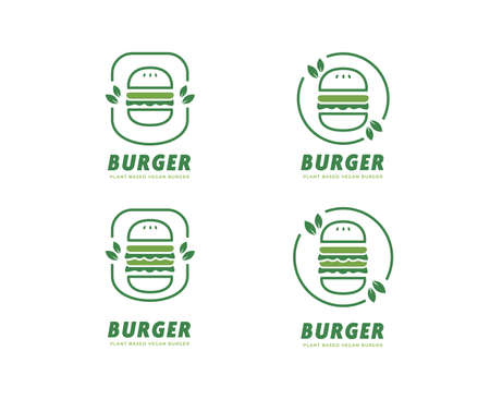 plant based vegan burger simple logo icon set with green leavesのイラスト素材