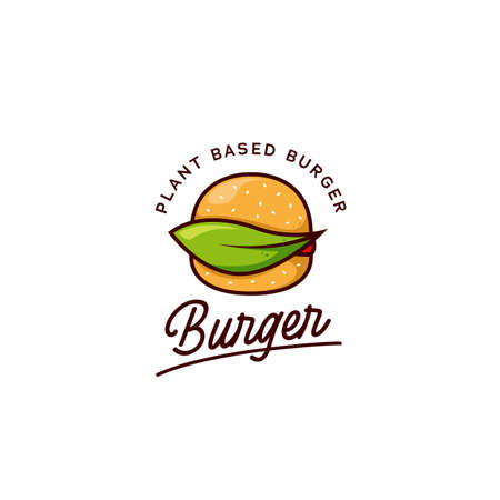 Plant based burger logo, hamburger logo icon with leaf symbol of vegetarian vegan burgerのイラスト素材