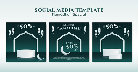 ramadhan post template set for promotion with white podium product showcase and green backgroundのイラスト素材