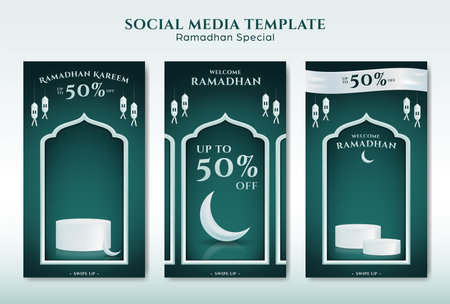 ramadhan story template set for promotion with white podium product showcase and green backgroundのイラスト素材