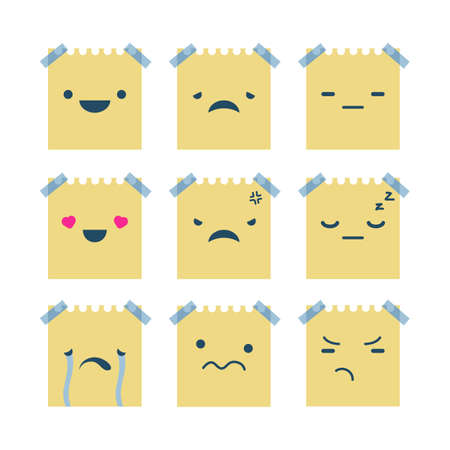 Cute sticky note with tape cartoon mascot character expression setのイラスト素材
