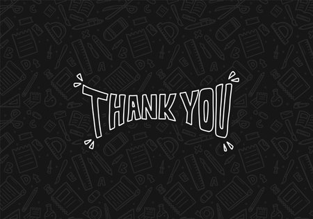 thank you card poster with outline doodle typography. thank you greeting card with school theme doodle pattern background vector illustration poster bannerのイラスト素材