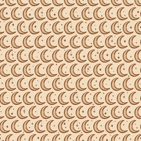 hand drawn sketch style of mystical crescent moon and stars seamless pattern backgroundのイラスト素材