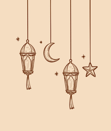 hanging ramadan lantern lights for ramadhan greeting design vector element illustration in sketch hand drawing styleのイラスト素材