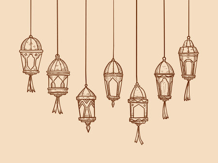 set collection of vector ramadan lantern lights lamp in sketch hand drawing style for islamic ramadhan and eid celebration greeting illustration designのイラスト素材
