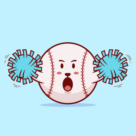 A charming vector illustration of a cute baseball ball mascot as a cheerleader, ready to lead the team to victory. The design features a joyful character with a big smile, pom-poms, and a winning spirit, perfect for sports-themed designs and cheerleading themes.のイラスト素材
