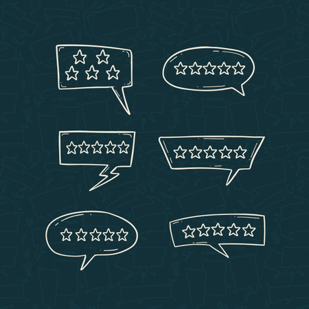 Set of Stars rating reviews in bubble comic speak in doodle style hand drawingのイラスト素材