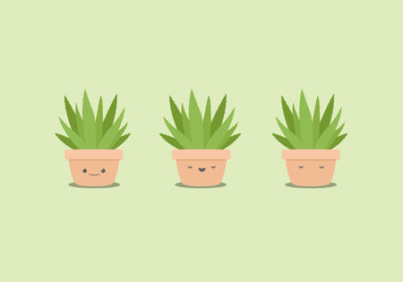 kawaii cute aloevera plant in clay pot cartoon vector illustration emoji features smile, happy and sleeping expression faceのイラスト素材