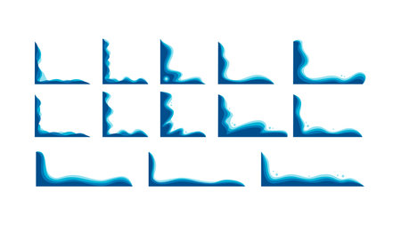 collection vector of abstract blue wave wavy corner border decoration frameのイラスト素材