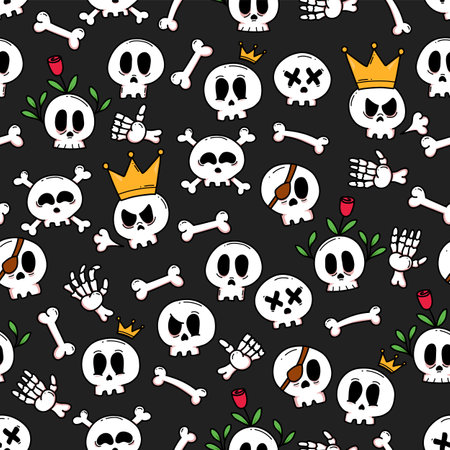 Cute skull doodle drawing seamless pattern for backgroundのイラスト素材