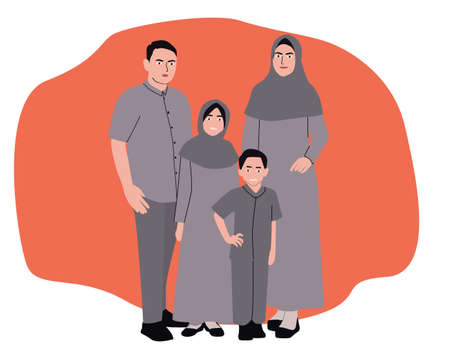 Muslim Family with a mom and daughter wearing hijab during Ramadhan and idul fitri.のイラスト素材