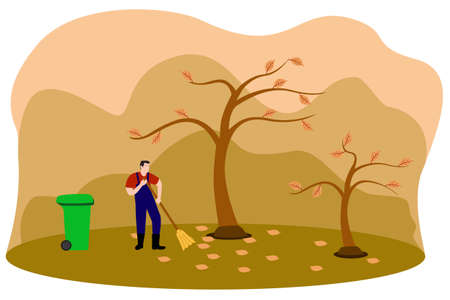 A gardener collects and cleans fallen leaves in the fall with a broom and garbage binのイラスト素材