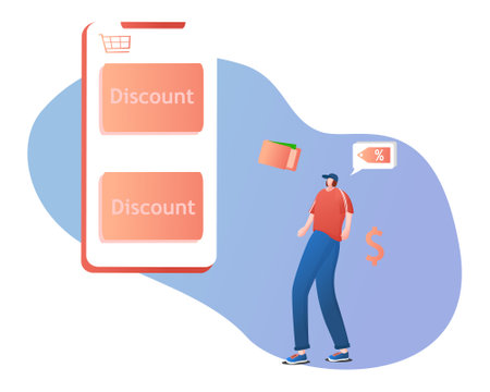 A young man looked at a large smartphone with lots of discounts, wallets, and money when he wanted to shop online during the spread of the coronavirusのイラスト素材