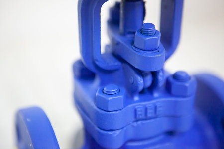 Blue globe valve with white background and focus on bonet valve suitable for valve industry and...