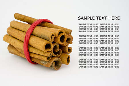 Bunch of cinnamon sticks on white background with sample text.