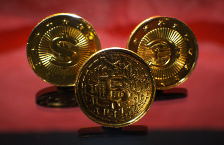 Bitcoin yellow gold coinsの写真素材