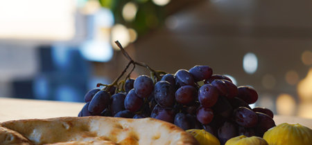 Grapes, figs and bread, breakfast in the morningの写真素材