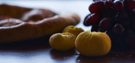 Grapes, figs and bread, breakfast in the morning